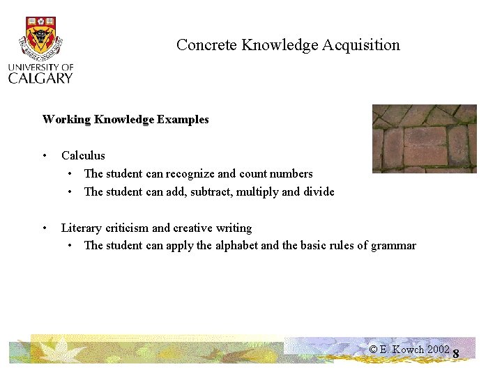 Concrete Knowledge Acquisition Working Knowledge Examples • Calculus • The student can recognize and
