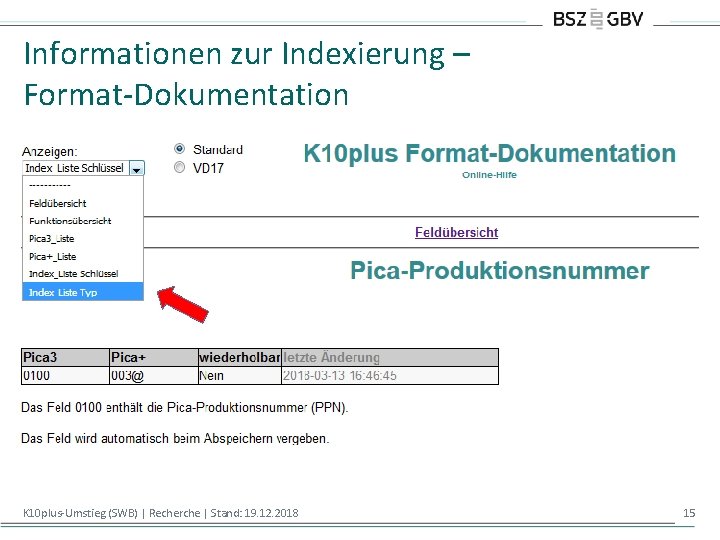 Informationen zur Indexierung – Format-Dokumentation K 10 plus-Umstieg (SWB) | Recherche | Stand: 19.