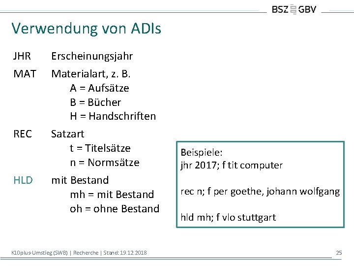 Verwendung von ADIs JHR MAT REC HLD Erscheinungsjahr Materialart, z. B. A = Aufsätze