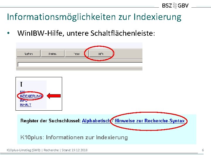 Informationsmöglichkeiten zur Indexierung • Win. IBW-Hilfe, untere Schaltflächenleiste: K 10 plus-Umstieg (SWB) | Recherche