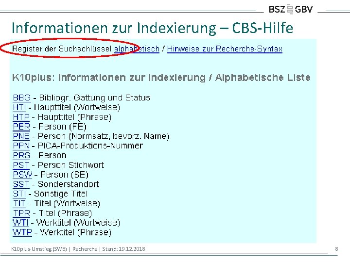 Informationen zur Indexierung – CBS-Hilfe K 10 plus-Umstieg (SWB) | Recherche | Stand: 19.