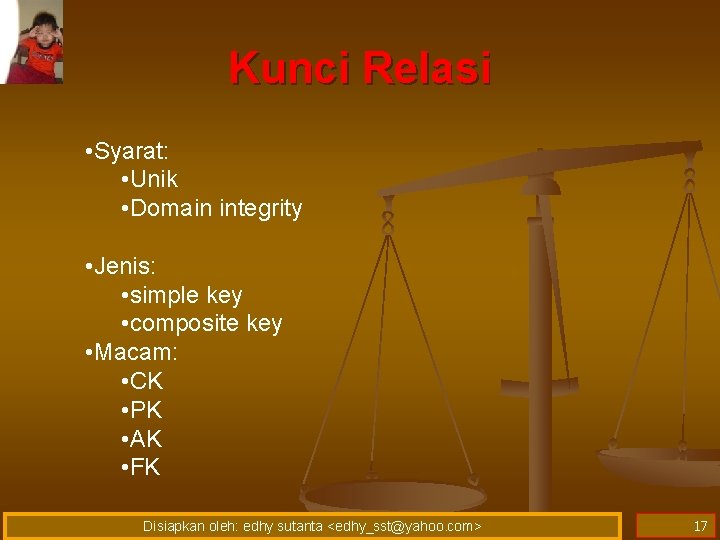 Kunci Relasi • Syarat: • Unik • Domain integrity • Jenis: • simple key