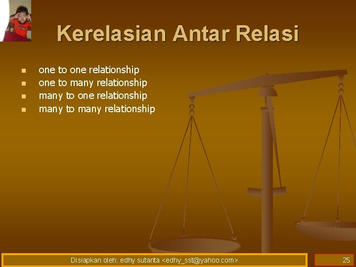 Kerelasian Antar Relasi n n one to one relationship one to many relationship many