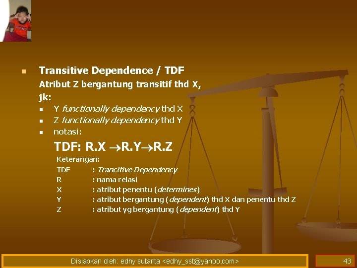 n Transitive Dependence / TDF Atribut Z bergantung transitif thd X, jk: n n