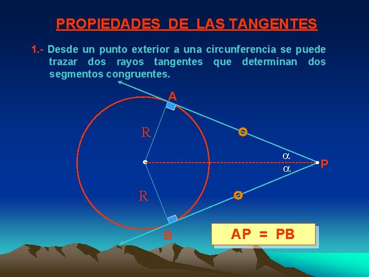 PROPIEDADES DE LAS TANGENTES 1. - Desde un punto exterior a una circunferencia se