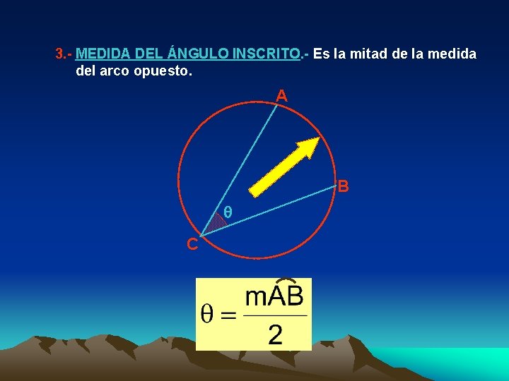 3. - MEDIDA DEL ÁNGULO INSCRITO. - Es la mitad de la medida del