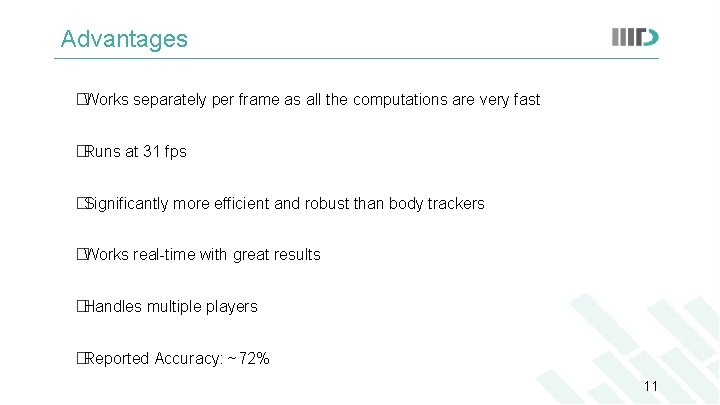 Advantages �Works separately per frame as all the computations are very fast �Runs at