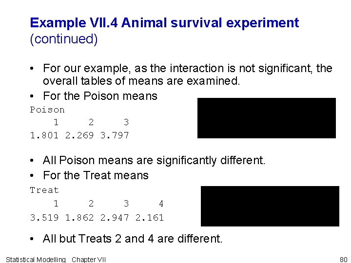 Example VII. 4 Animal survival experiment (continued) • For our example, as the interaction