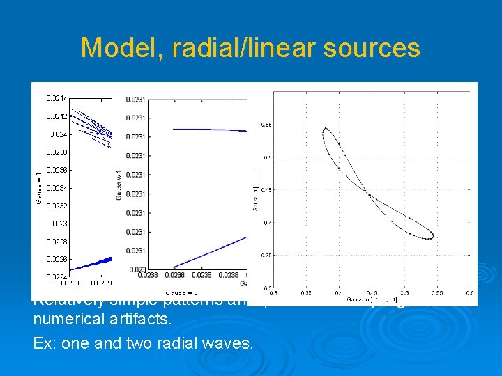 Model, radial/linear sources Sources generate waves on a grid Flat wave Radial wave Relatively