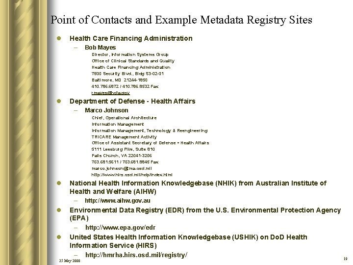 Point of Contacts and Example Metadata Registry Sites l Health Care Financing Administration –