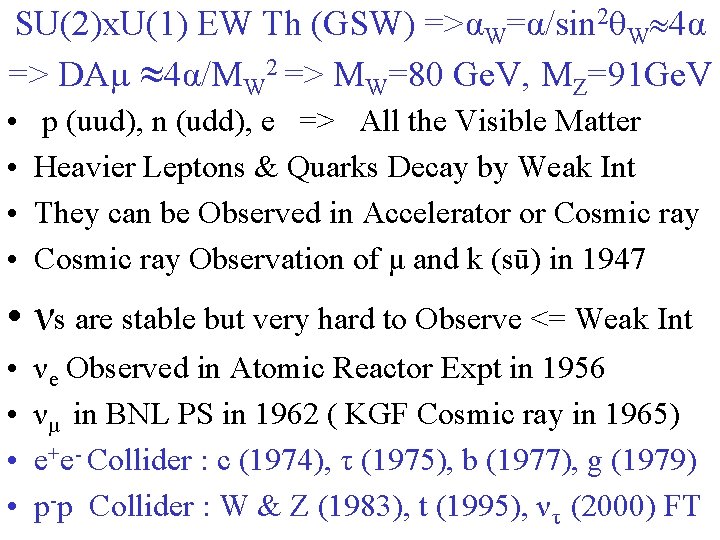 SU(2)x. U(1) EW Th (GSW) =>αW=α/sin 2θW 4α => DAμ 4α/MW 2 => MW=80