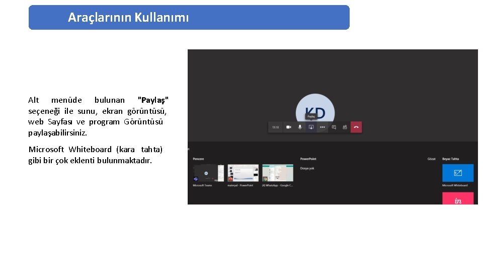 Araçlarının Kullanımı Alt menüde bulunan "Paylaş" seçeneği ile sunu, ekran görüntüsü, web Sayfası ve