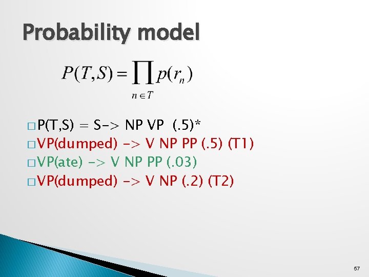 Probability model � P(T, S) = S-> NP VP (. 5)* � VP(dumped) ->