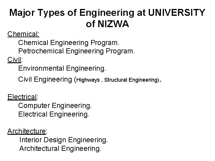 Major Types of Engineering at UNIVERSITY of NIZWA Chemical: Chemical Engineering Program. Petrochemical Engineering