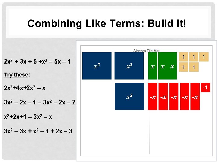 Combining Like Terms: Build It! 2 x 2 + 3 x + 5 +x