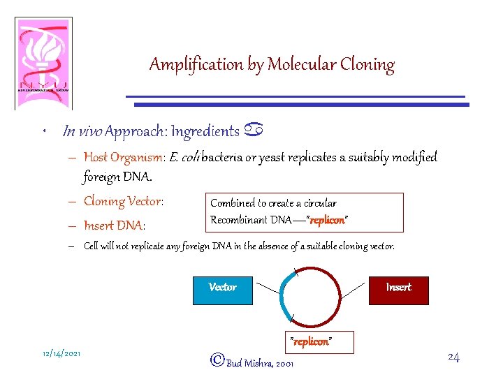 Amplification by Molecular Cloning • In vivo Approach: Ingredients a – Host Organism: E.