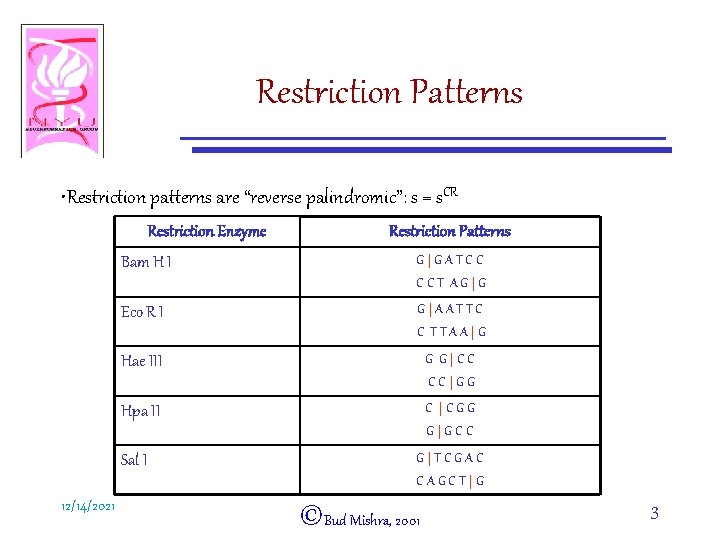 Restriction Patterns • Restriction patterns are “reverse palindromic”: s = s. CR Restriction Enzyme