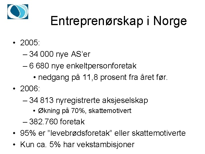 Entreprenørskap i Norge • 2005: – 34 000 nye AS’er – 6 680 nye