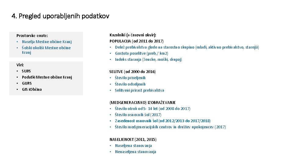 4. Pregled uporabljenih podatkov Prostorske enote: • Naselja Mestne občine Kranj • Šolski okoliši