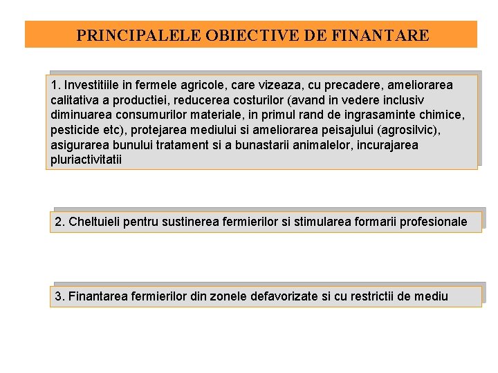 PRINCIPALELE OBIECTIVE DE FINANTARE 1. Investitiile in fermele agricole, care vizeaza, cu precadere, ameliorarea