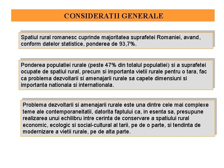 CONSIDERATII GENERALE Spatiul rural romanesc cuprinde majoritatea suprafetei Romaniei, avand, conform datelor statistice, ponderea