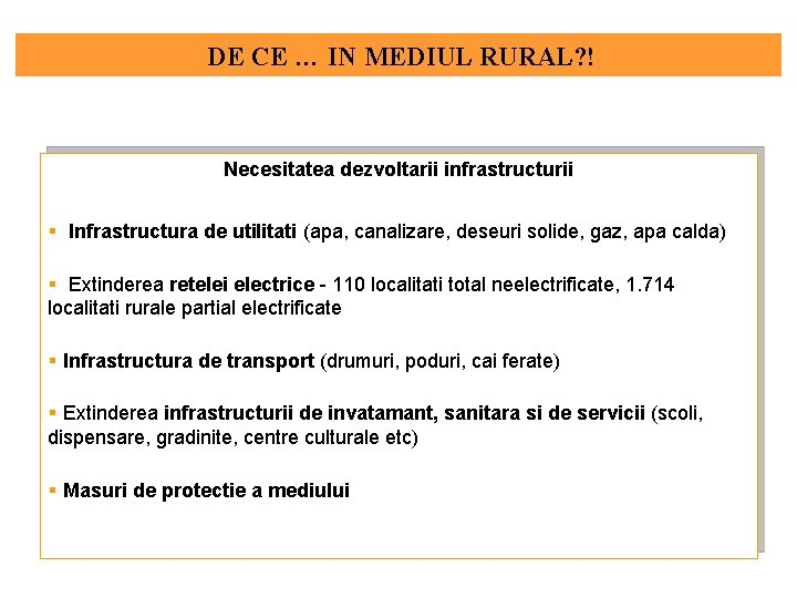 DE CE … IN MEDIUL RURAL? ! Necesitatea dezvoltarii infrastructurii § Infrastructura de utilitati