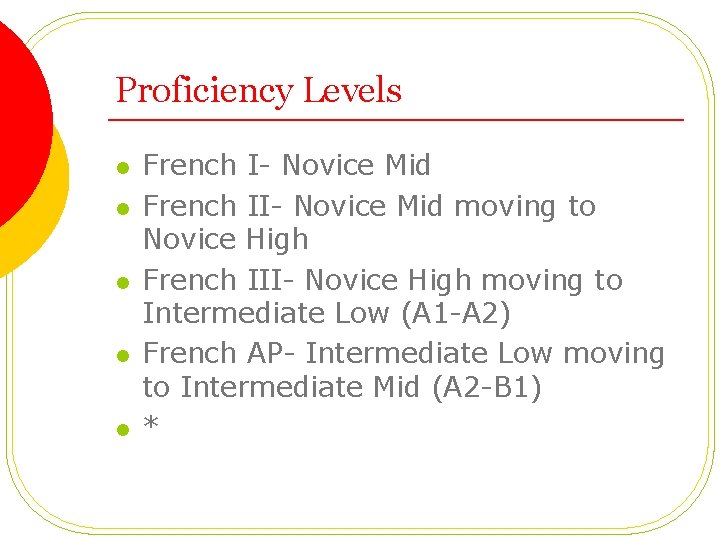 Proficiency Levels l l l French I- Novice Mid French II- Novice Mid moving