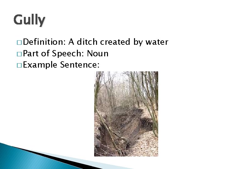Gully � Definition: A ditch created by water � Part of Speech: Noun �