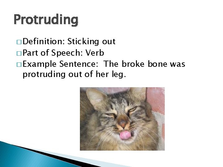Protruding � Definition: Sticking out � Part of Speech: Verb � Example Sentence: The