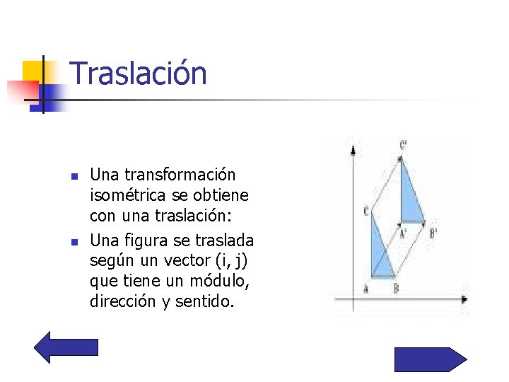 Traslación n n Una transformación isométrica se obtiene con una traslación: Una figura se