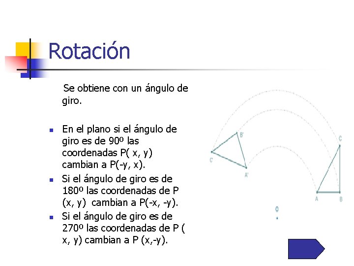 Rotación Se obtiene con un ángulo de giro. n n n En el plano