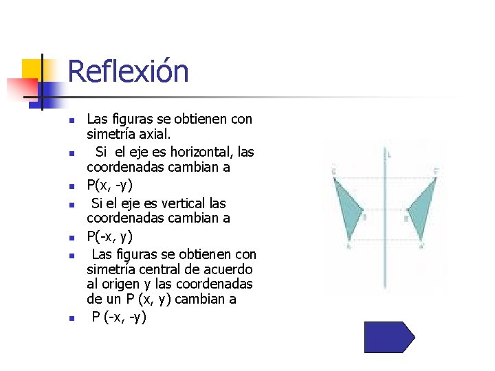 Reflexión n n n Las figuras se obtienen con simetría axial. Si el eje