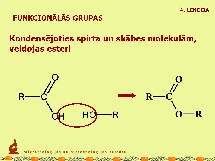 4. LEKCIJA FUNKCIONĀLĀS GRUPAS Kondensējoties spirta un skābes molekulām, veidojas esteri 