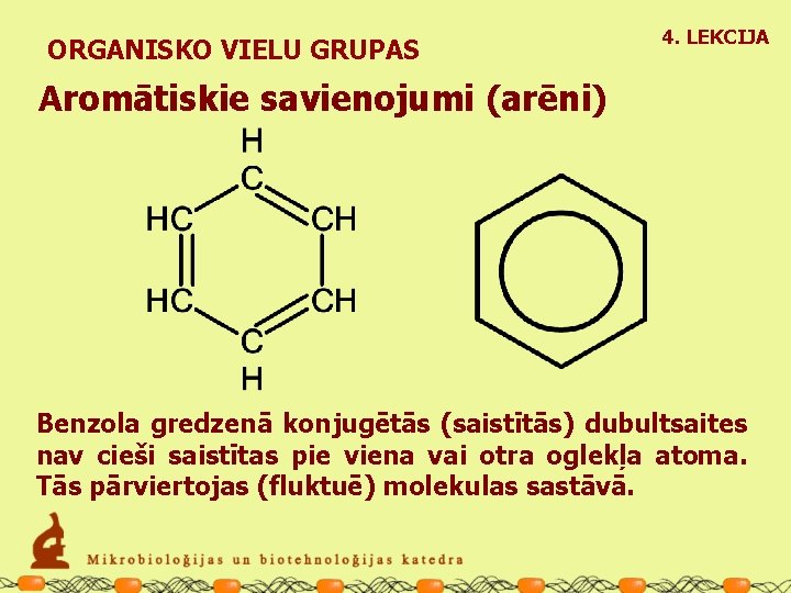 ORGANISKO VIELU GRUPAS 4. LEKCIJA Aromātiskie savienojumi (arēni) Benzola gredzenā konjugētās (saistītās) dubultsaites nav