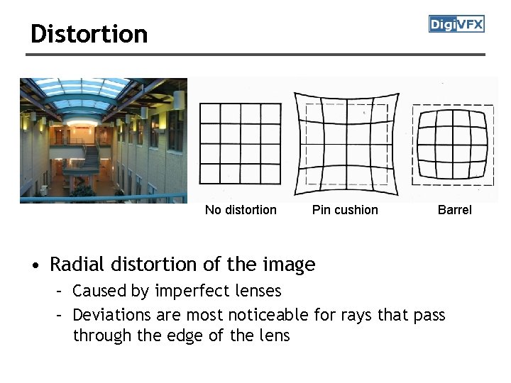 Distortion No distortion Pin cushion Barrel • Radial distortion of the image – Caused Distortion No distortion Pin cushion Barrel • Radial distortion of the image – Caused