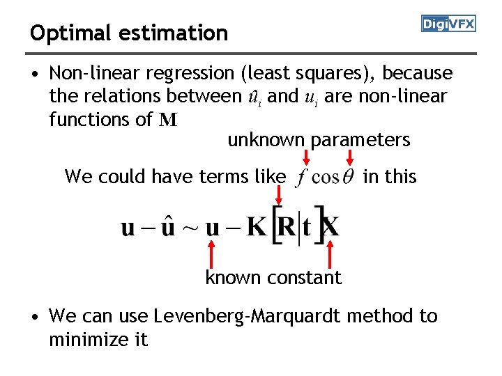 Optimal estimation • Non-linear regression (least squares), because the relations between ûi and ui Optimal estimation • Non-linear regression (least squares), because the relations between ûi and ui