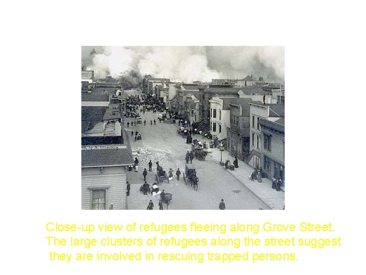 Close-up view of refugees fleeing along Grove Street. The large clusters of refugees along