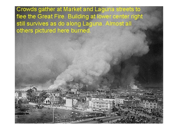 Crowds gather at Market and Laguna streets to flee the Great Fire. Building at