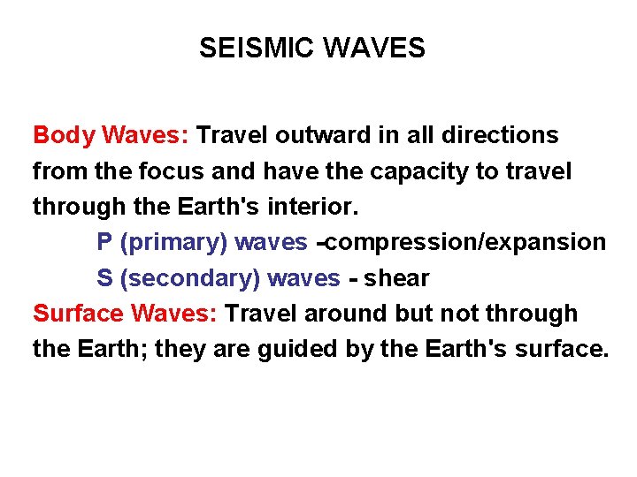 SEISMIC WAVES Body Waves: Travel outward in all directions from the focus and have