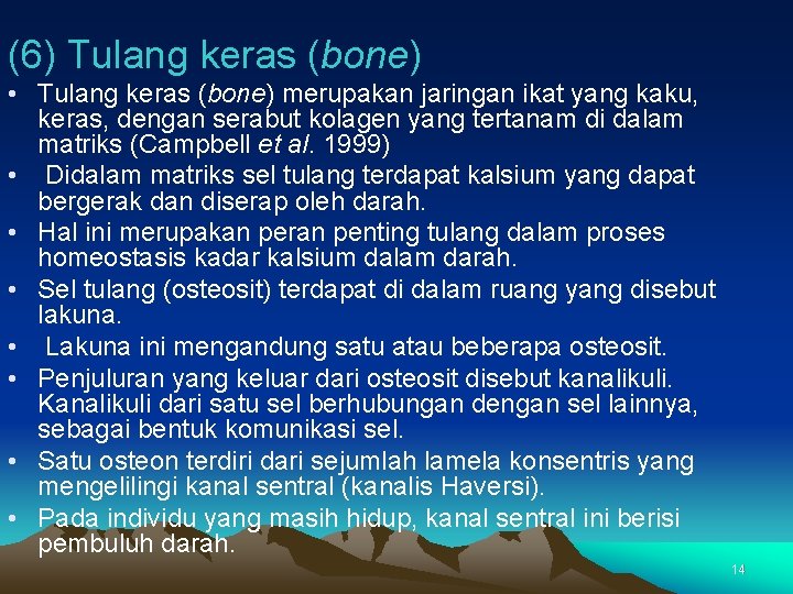 (6) Tulang keras (bone) • Tulang keras (bone) merupakan jaringan ikat yang kaku, keras,