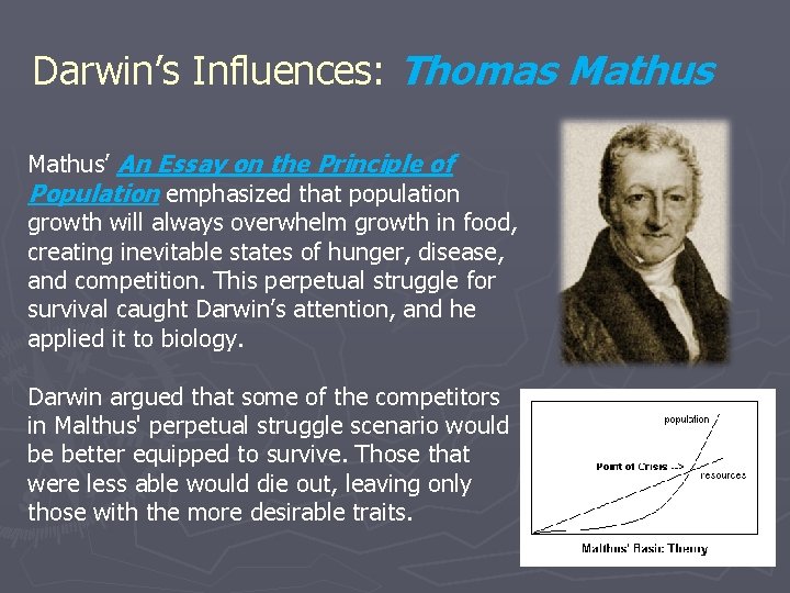 Darwin’s Influences: Thomas Mathus’ An Essay on the Principle of Population emphasized that population
