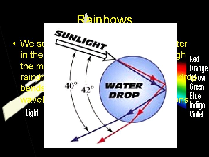 Rainbows • We see rainbows because there is water in the atmosphere. Light passes