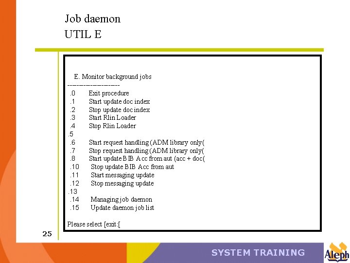 Job daemon UTIL E E. Monitor background jobs -----------. 0 Exit procedure. 1 Start