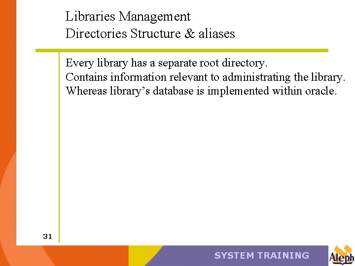 Libraries Management Directories Structure & aliases Every library has a separate root directory. Contains