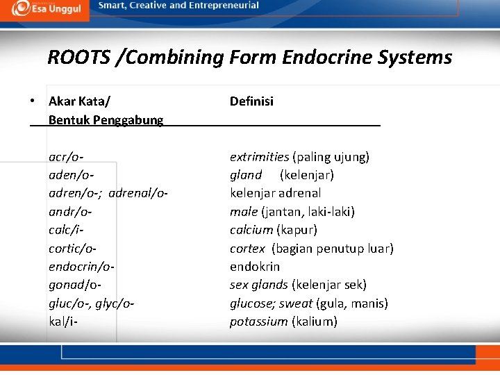 ROOTS /Combining Form Endocrine Systems • Akar Kata/ Bentuk Penggabung acr/oaden/oadren/o-; adrenal/oandr/ocalc/icortic/oendocrin/ogonad/ogluc/o-, glyc/okal/i- Definisi