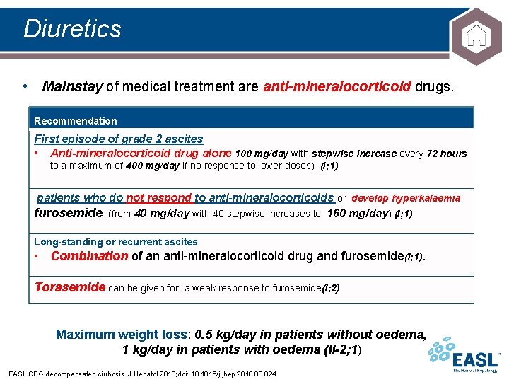 Diuretics • Mainstay of medical treatment are anti-mineralocorticoid drugs. Recommendation First episode of grade