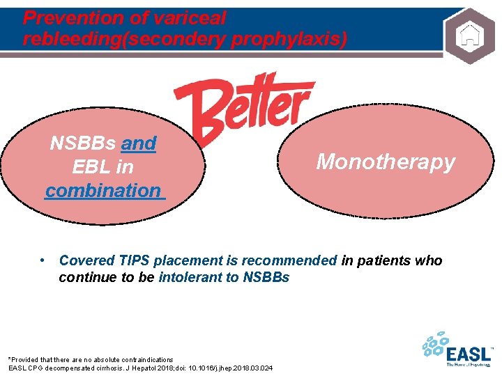 Prevention of variceal rebleeding(secondery prophylaxis) NSBBs and EBL in combination Monotherapy • Covered TIPS