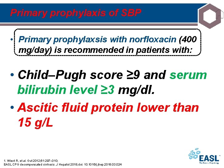 Primary prophylaxis of SBP • Primary prophylaxsis with norfloxacin (400 mg/day) is recommended in