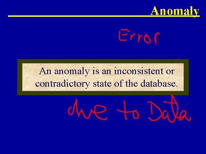 Anomaly An anomaly is an inconsistent or contradictory state of the database. 