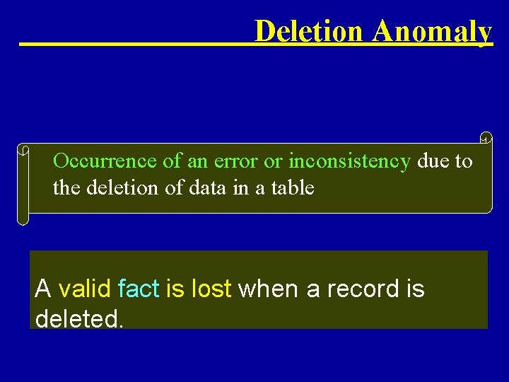Deletion Anomaly Occurrence of an error or inconsistency due to the deletion of data